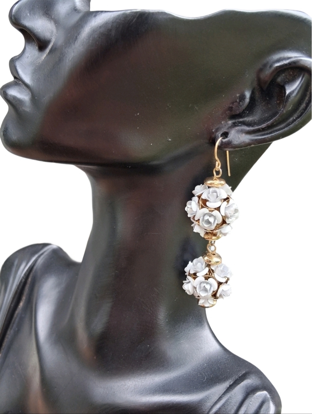 Vintage 3D White Enamel Rose Ball Drop Earrings | Gold-Tone Floral Dangle